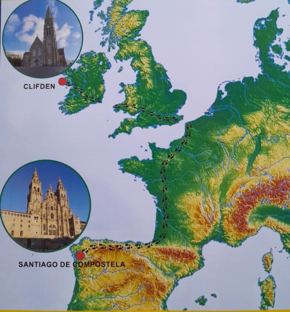 map showing Clifden Co Galway in the West of Ireland and Santiago de Compostela.