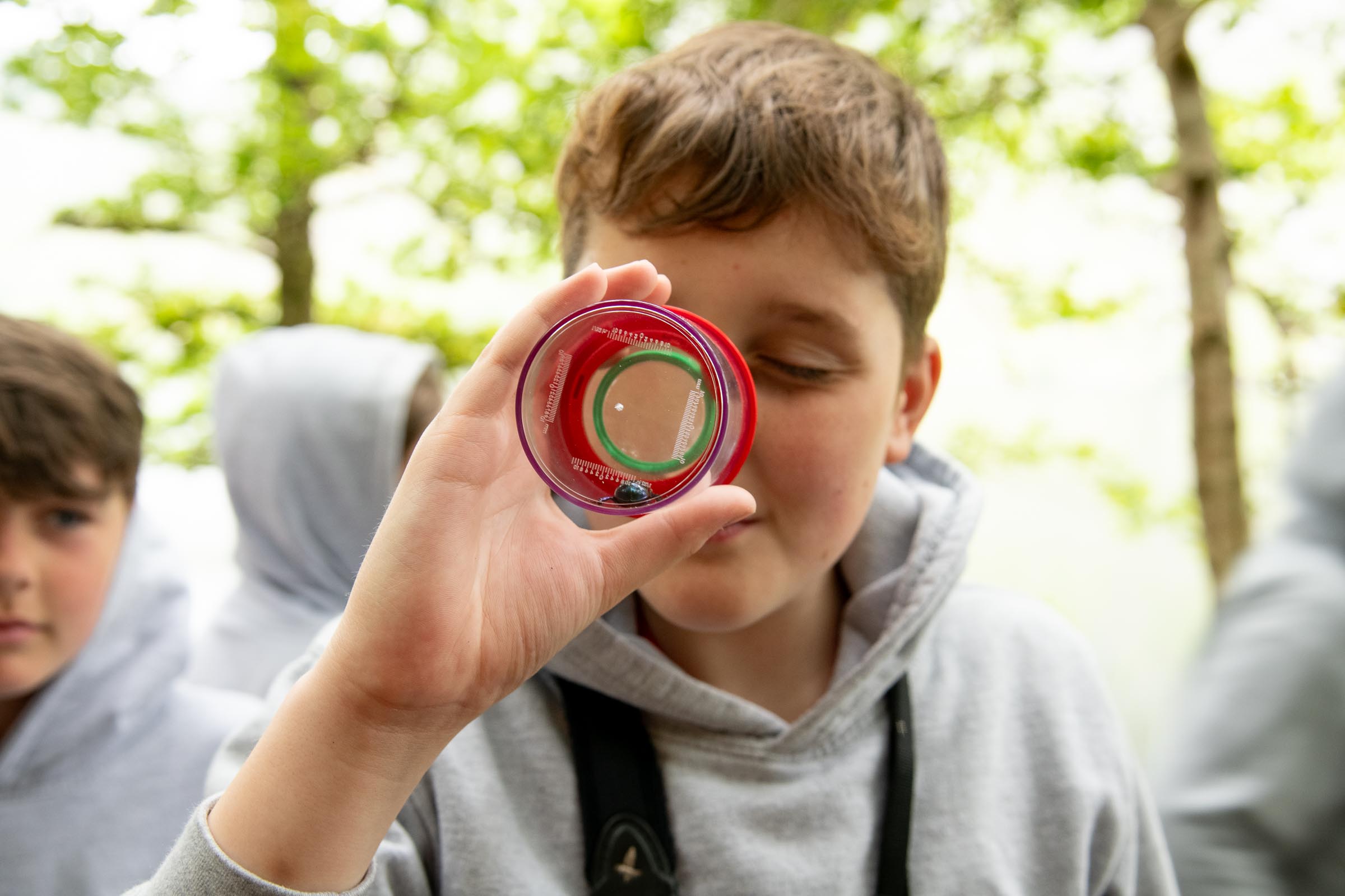 Child viewing insect in jar